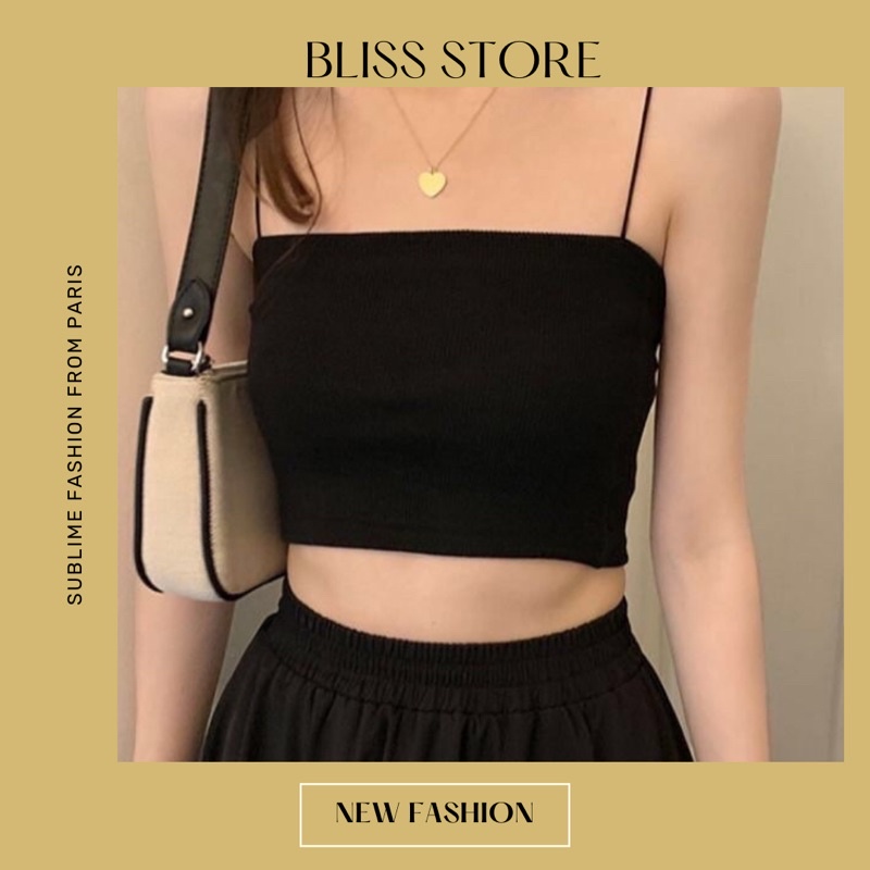 Áo 2 dây croptop đen trơn Free Size Form dưới 55kg
