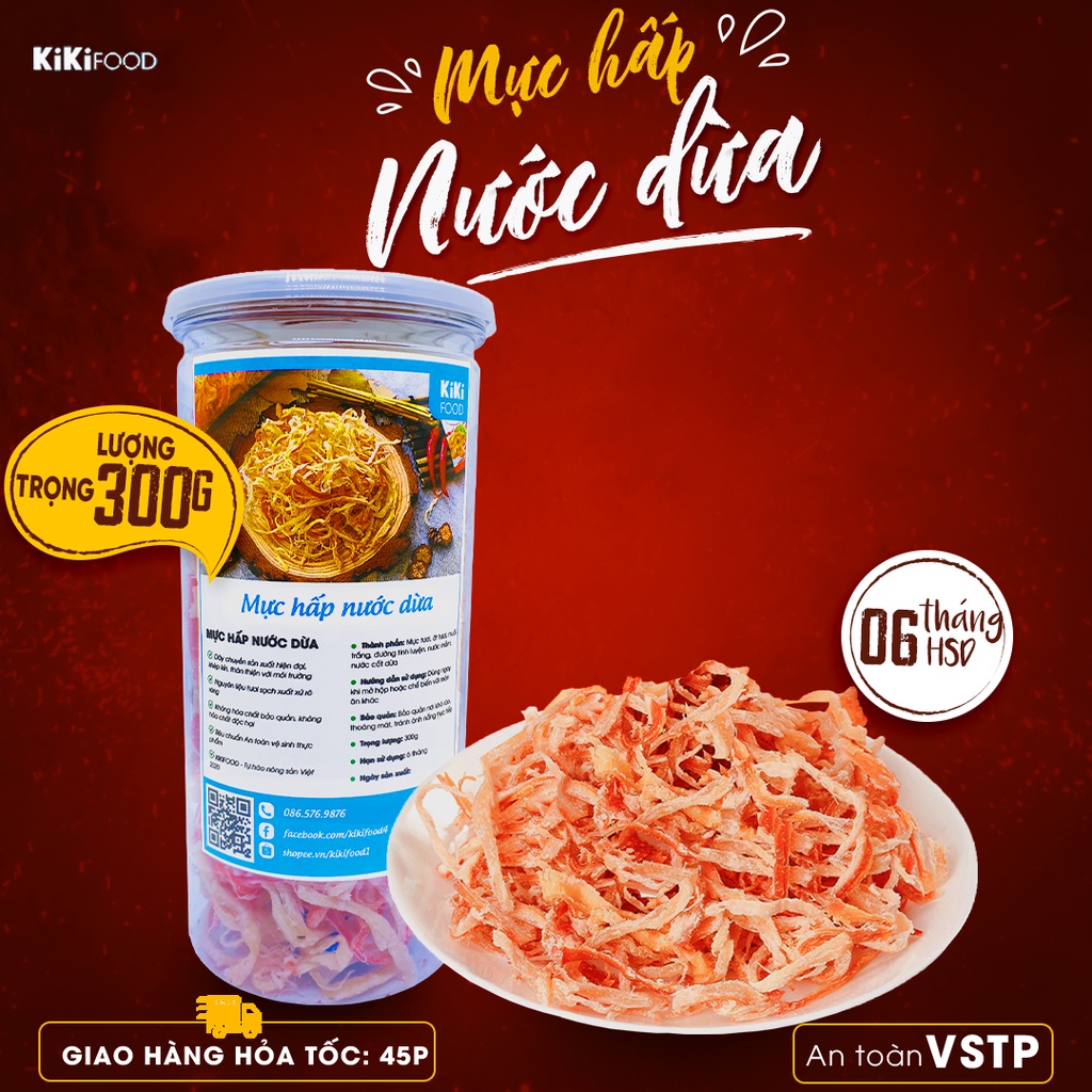 Mực khô hấp nước dừa xé sợi 300G KIKIFOOD vừa ngon vừa rẻ, đồ ăn vặt Việt Nam an toàn vệ sinh thực phẩm