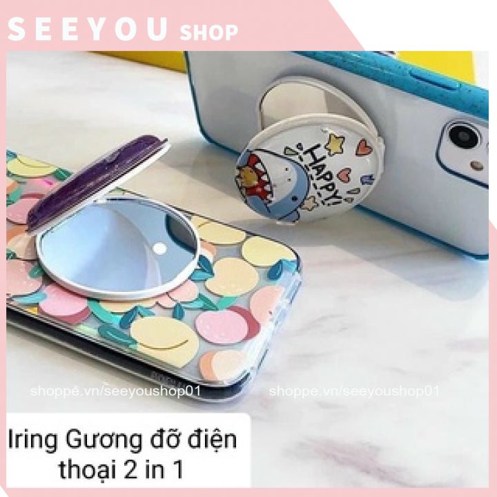 Iring gương nước lấp lánh dán ốp 2 in 1 giá đỡ điện thoại gương trang điểm tiện lợi