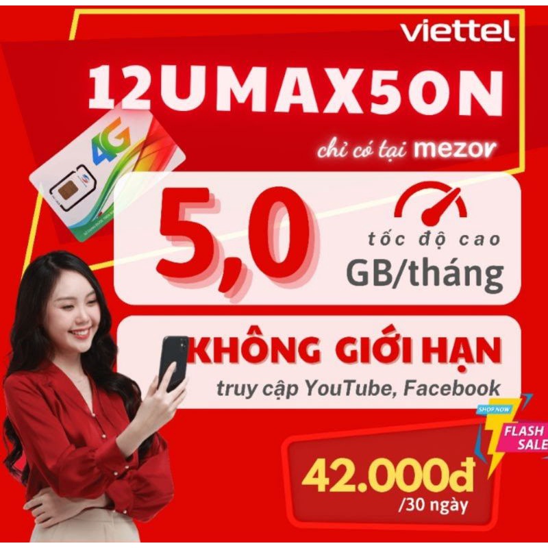 💯 MIỄN PHÍ 1 NĂM 💯 SIM Viettel 4G 12Umax50n Không Giới Hạn Lưu Lượng