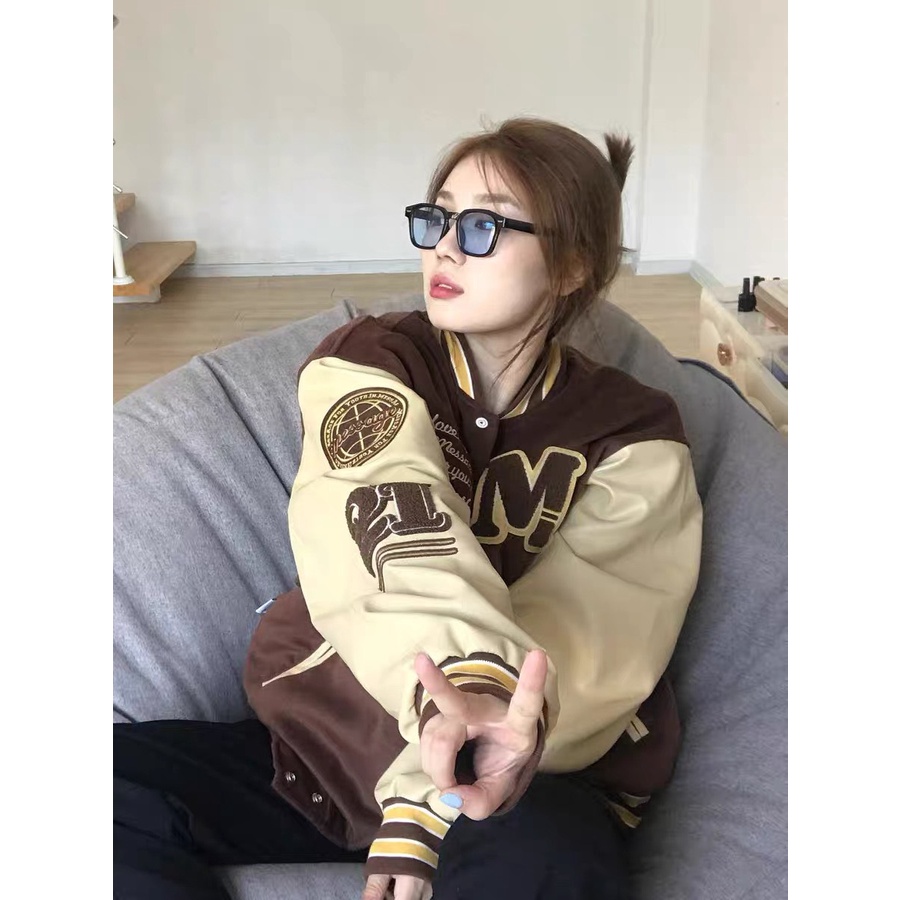 Áo Khoác Nữ, Áo Khoác Bomber Nữ Nhung Màu Nâu Tây/ Ulzzang