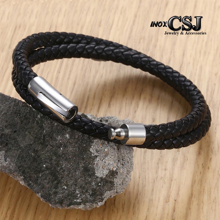 VÒNG TAY NAM DA SIMILI ĐEN KHÓA INOX CAO CẤP siêu đẹp, chuẩn thời trang