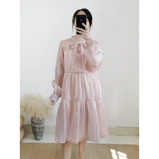 Đầm babydoll hai màu Voan ánh Quảng Châu phối nơ cổ  big size đầm bầu🎀