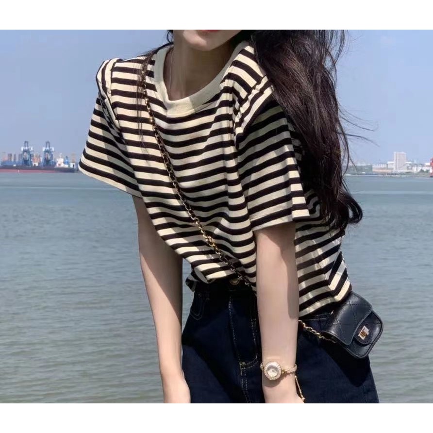 Set Áo Thun Ngắn Tay Họa Tiết Sọc Ngang Và Chân váy jean Thời Trang Dành Cho Nữ