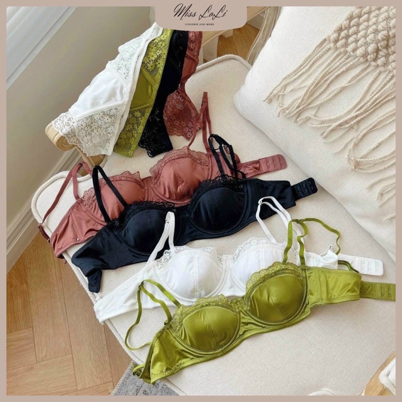 Bộ Đồ Lót Nữ LOLI268Chất Lụa Satin Mỏng, Áo Lót Có Gọng Không Mút Kiểu Dáng Sexy