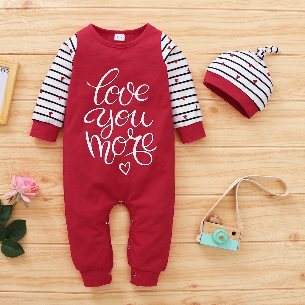 Bộ đồ MIKRDOO gồm áo liền quần dài tay vải cotton họa tiết kẻ sọc họa tiết chữ và mũ đáng yêu xinh xắn cho bé sơ sinh