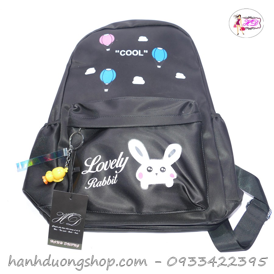 Balo vải dù trơn đi học dành cho nữ họa tiết khinh khí cầu và thỏ trắng Love Rabit dây kéo móc khóa dễ thương BLHS23