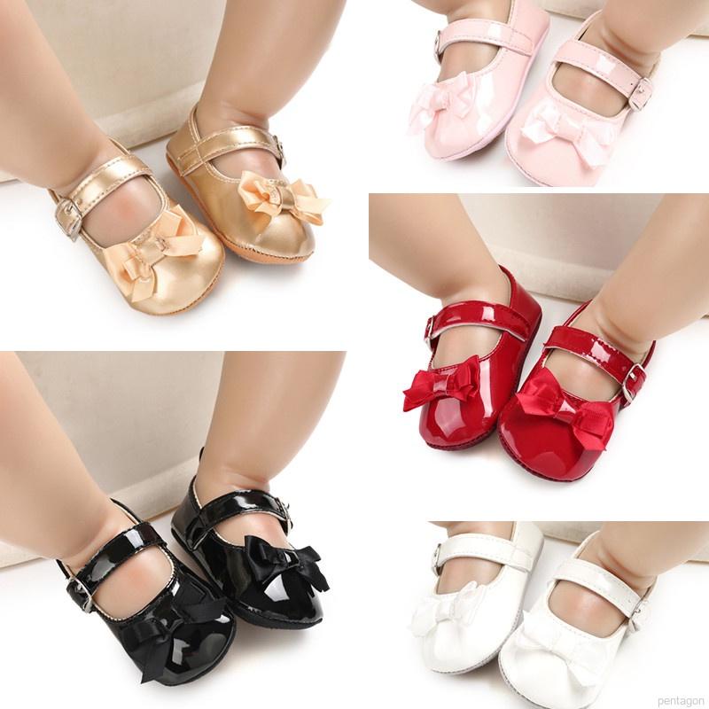 Giày búp bê da PU đính nơ xinh xắn cho bé gái 0-18 tháng tuổi