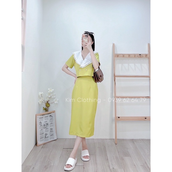 [Hàng sẵn - Hình thật] Set áo croptop cổ bèo gài nút + chân váy midi thanh lịch