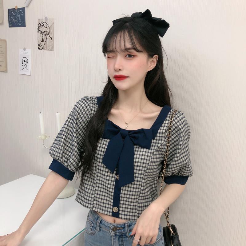 AMOI Áo Sơ Mi Ngắn Cổ Vuông Hở Vai Họa Tiết Sọc Caro Phong Cách Pháp Thời Trang 2022 Cho Nữ