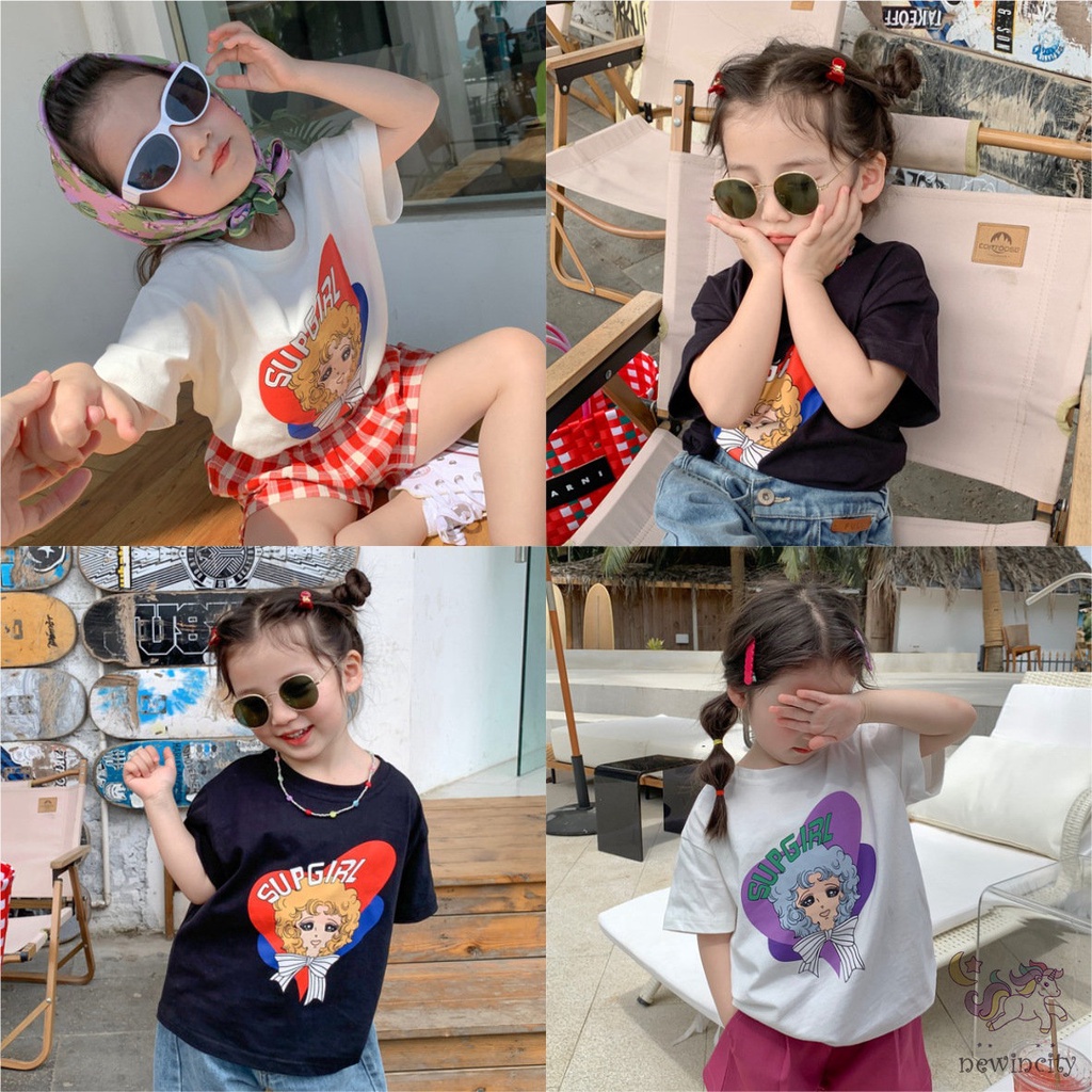 Áo Thun Cotton Tay Ngắn In Họa Tiết Hoạt Hình Phong Cách Hàn Quốc Cho Bé Gái