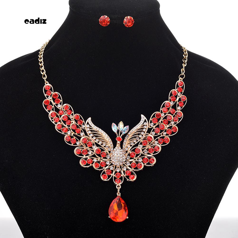 Bộ dây chuyền và khuyên tai hình đuôi công đính đá nhiều màu