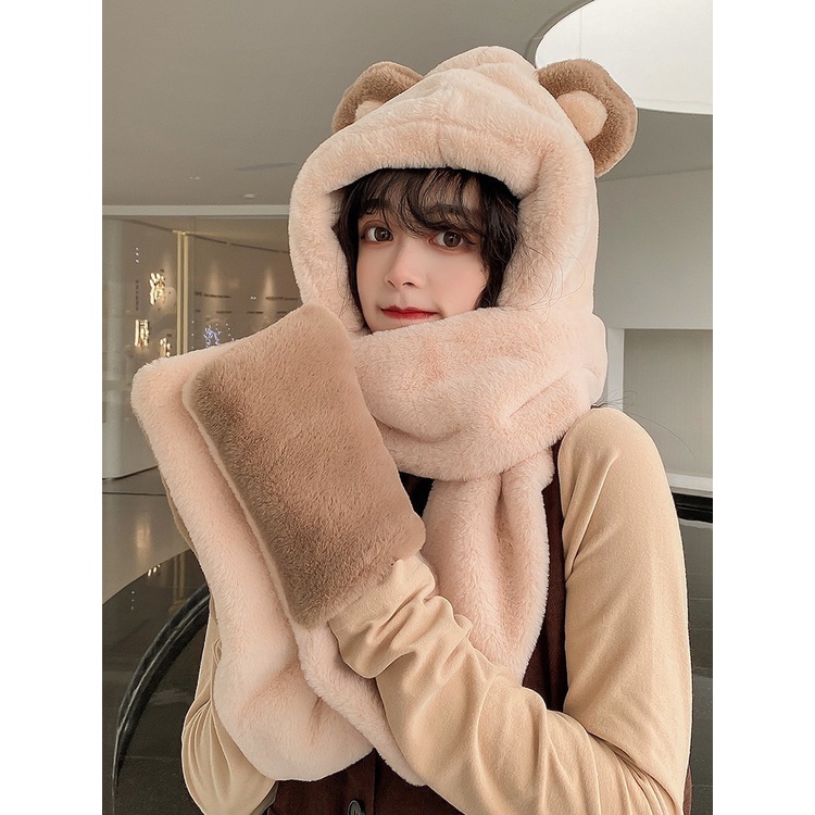 Set Khăn Choàng Cổ + Găng Tay + Mũ + Găng Tay Giữ Ấm Mùa Đông Hình Gấu Dễ Thương Cho Nữ Sự Bảo Vệ