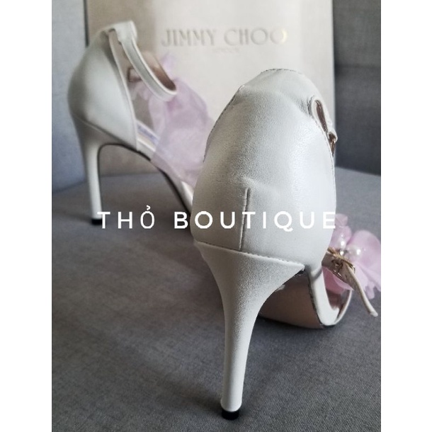 Giày sandal cao gót Jim.my Ch.oo limited edition xuất Âu xịn trắng da mềm quai ngang đính hoa tím 9cm size 37 38 39