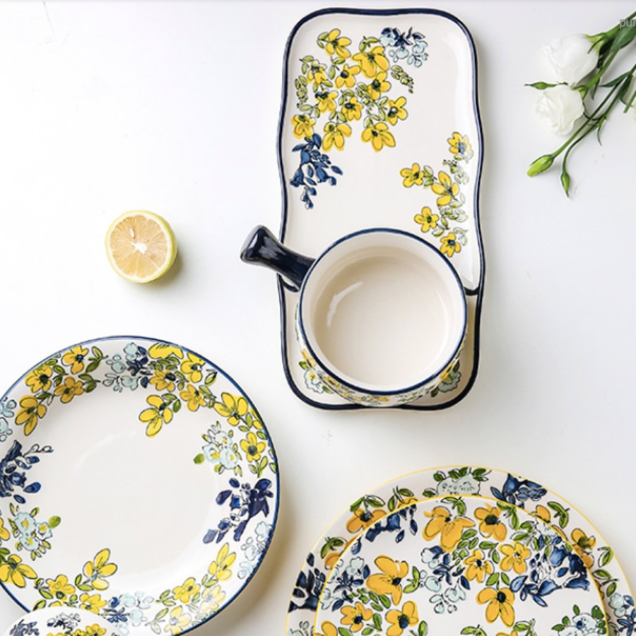Set đồ ăn sáng Hoa Mai Vàng gồm thố sứ có tay cầm ăn mì và đĩa chữ nhật 2 ngăn