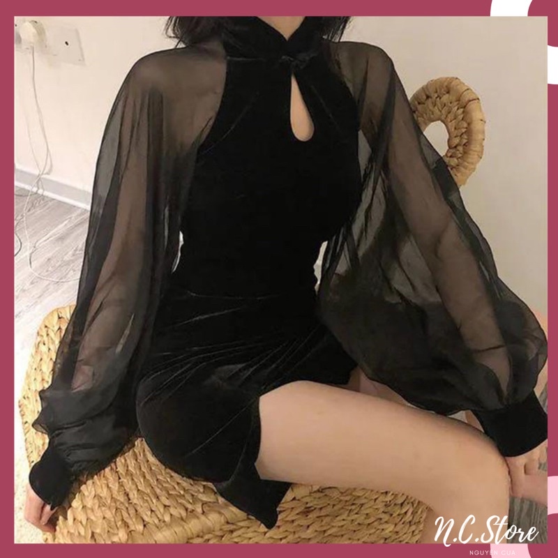 Đầm Nhung Sườn Xám Tay Bồng Cực Đẹp