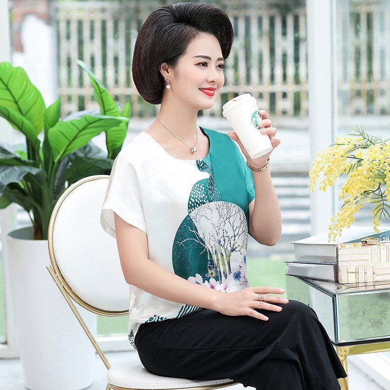 Áo Thun Ngắn Tay In Họa Tiết Phong Cách Châu Âu Thời Trang Mùa Hè Cho Nữ Trung Niên