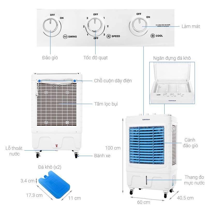 Quạt điều hoà hơi nước Daikiosan DKA-04500A- Công suất 175W, Bình nước 32 lít, Bảo hành 12 tháng