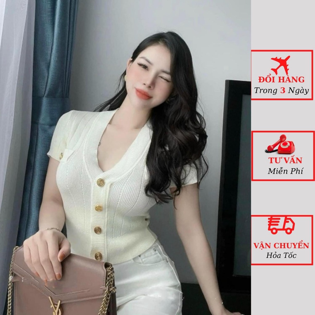 Áo len tăm gân nữ cổ tim cúc ngực chữ B tay ngắn dáng ôm body công sở mùa thu đông ulzzang Hàn Quốc