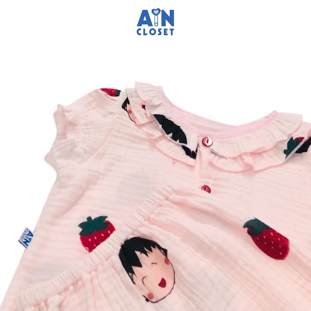 Bộ quần dài áo tay ngắn bé gái họa tiết Cô bé Maruko nền hồng xô muslin - AICDBG2F1HU5 - AIN Closet