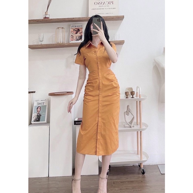 Váy sơ mi cut out chun sau đầm nhún sườn hở eo sexy maxi quyến rũ-Minxy shop | BigBuy360 - bigbuy360.vn