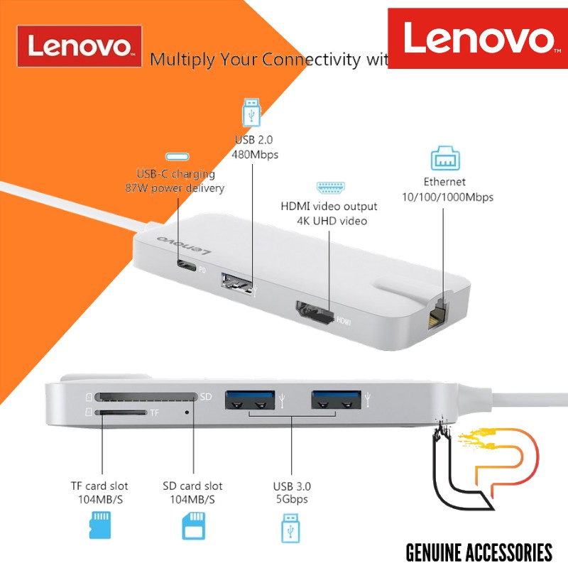 BỘ CHUYỂN TYPE-C RA 2 USB 3.0 + USB 2.0 + HDMI + LAN + TF/SD LENOVO C106SL - C106GY