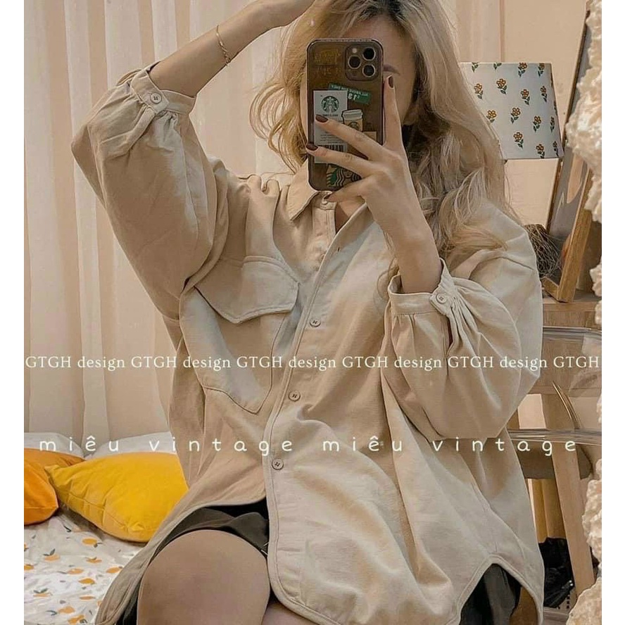 Áo sơ mi nhung vạt bầu dáng rộng tay bồng, áo sơ mi nhung tăm phom thụng đuôi tôm