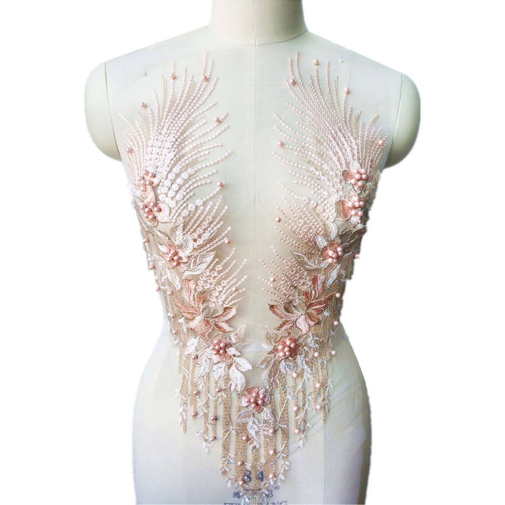 Mai Màu Hồng Thêu Ren Đính May Hạt Vải Hoa Cổ Miếng Dán Váy Cưới DIY