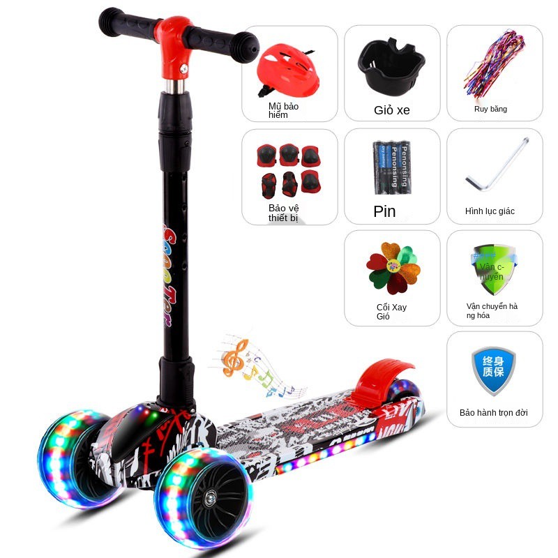 ☒Scooter trẻ em nữ có thể đóng mở nhạc nâng bánh nhấp nháy xe bốn ba bé trai trượt yo-yo <