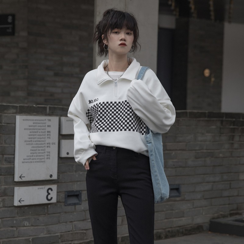 Áo Sweater Nỉ Nữ VIETSTAR áo polo nỉ cổ kéo khoá Ulzzang form rộng Hàn Quốc Ô VUÔNG | WebRaoVat - webraovat.net.vn