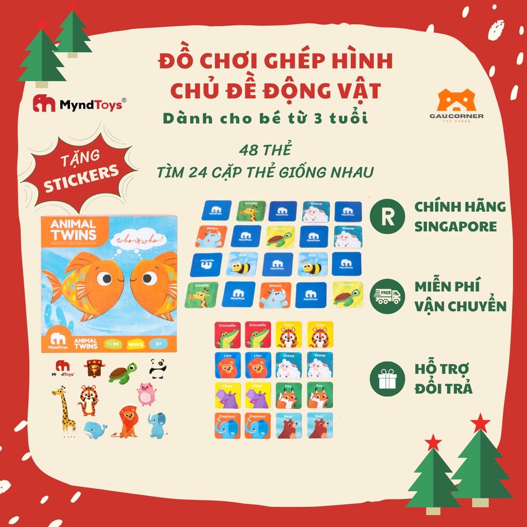 Đồ chơi ghép hình thông minh MyndToys cho bé từ 3 tuổi chủ đề động vật Animal Twins – Memory Matching Game