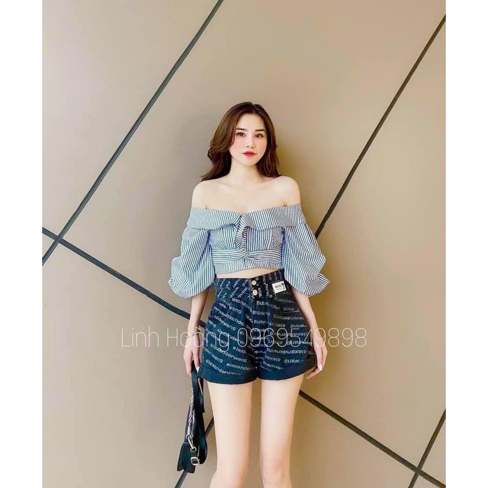 Áo kẻ croptop xoắn eo tay dài như hình