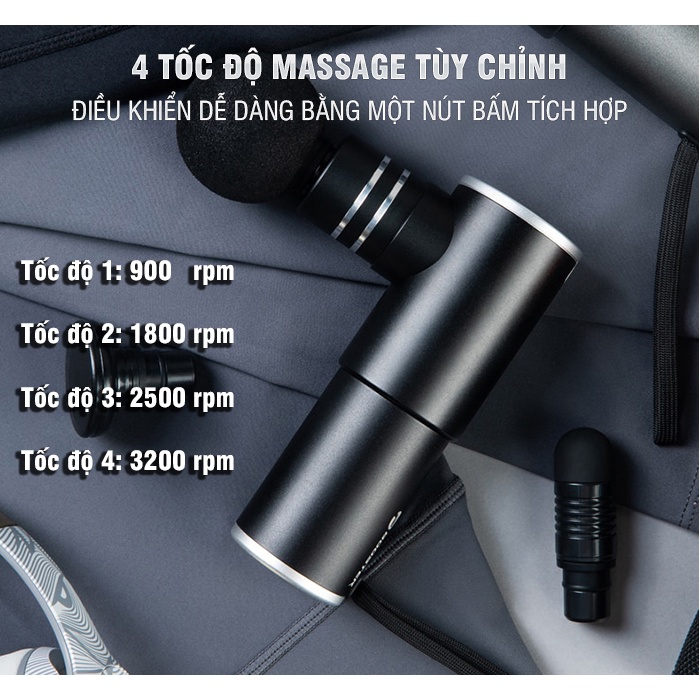 Súng Massage Cầm Tay Thư Giãn Cơ Booster MINI 2 Công Suất 70W Với 4 Đầu Massage - Cảm Biến Lực Đấm Thông Minh Ai
