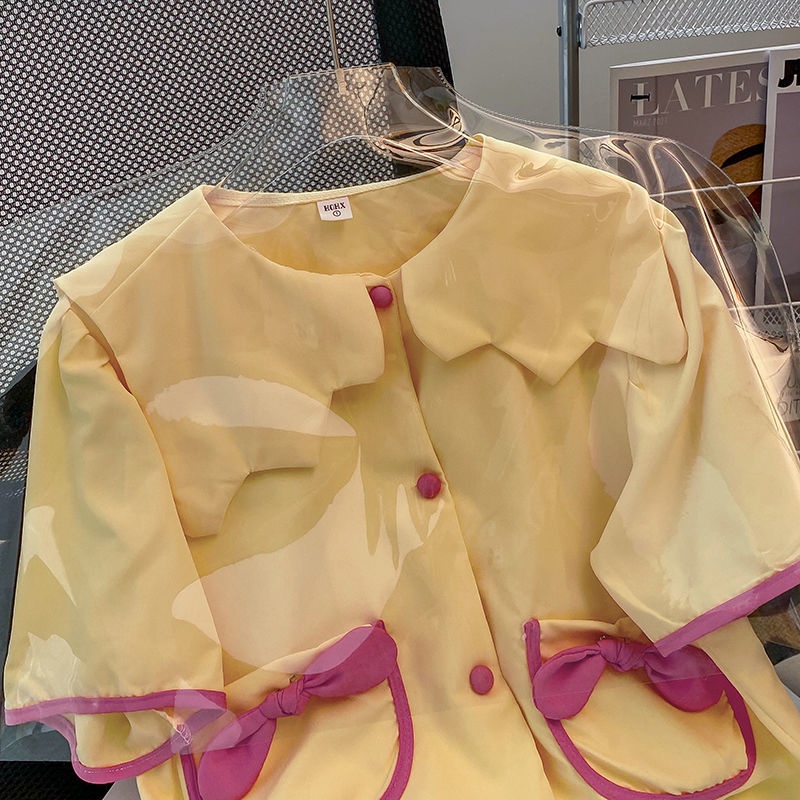 Áo Sơ Mi Tay Ngắn Phồng Ngắn Cổ Búp Bê Đính Nơ Kiểu Nhật Bản Dễ Thương Cho Nữ