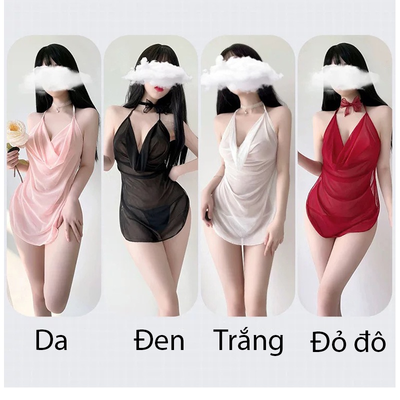 Váy ngủ xuyên thấu sexy áo yếm cổ đổ thắt dây kèm chip lọt khe gợi cảm BT42223