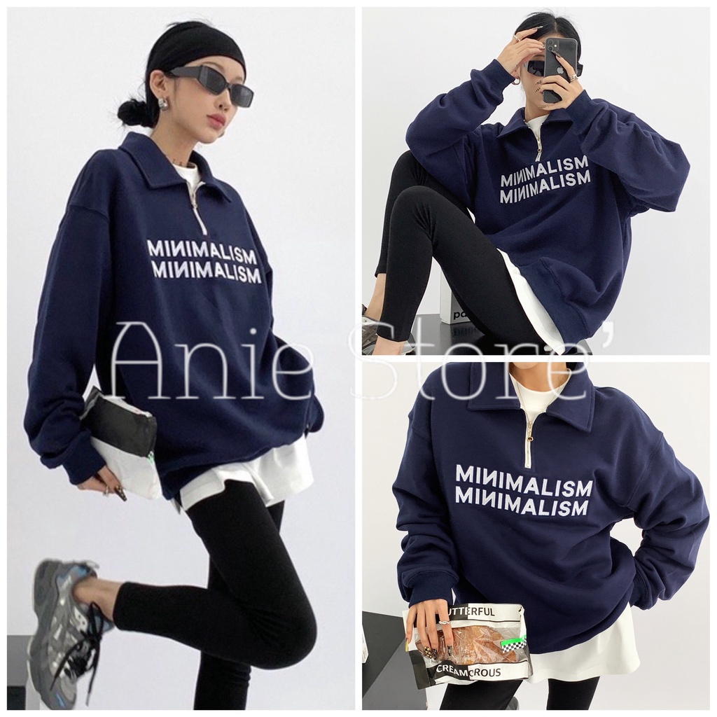 Áo Sweater Zip Nữ MINIMALISM 🦋 Áo Thun Gân Cổ Cao Thêu Chữ Dáng Rộng 🦋