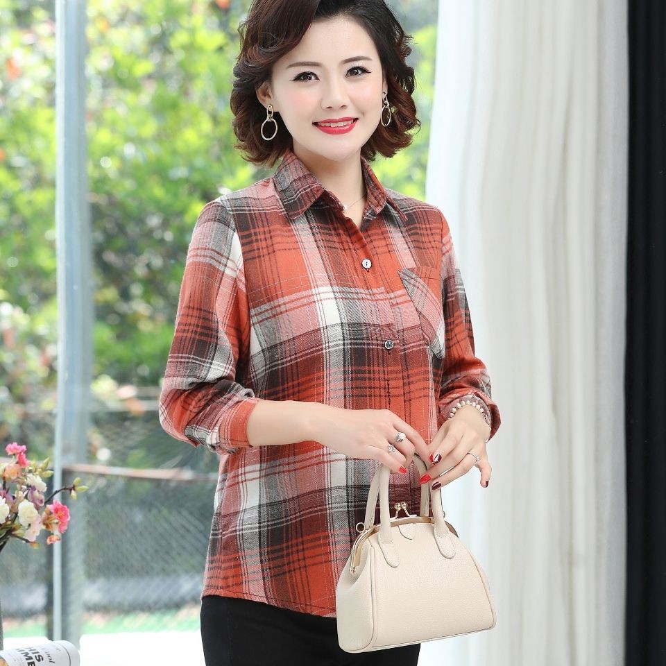 Spring and summer new products cotton sanding plaid shirt middle-aged women's long-sleeved Korean version of loose loose all-match casual women's blouse mother dress