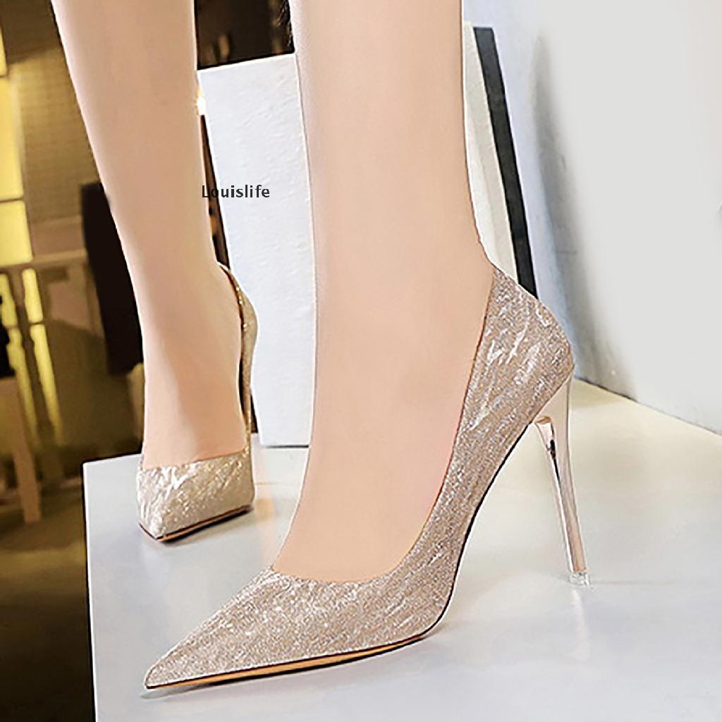 [Louislife] Womens Pointed Toe Stilettos Classic Slip On Sequins Pump Shoes High Heels New Stock