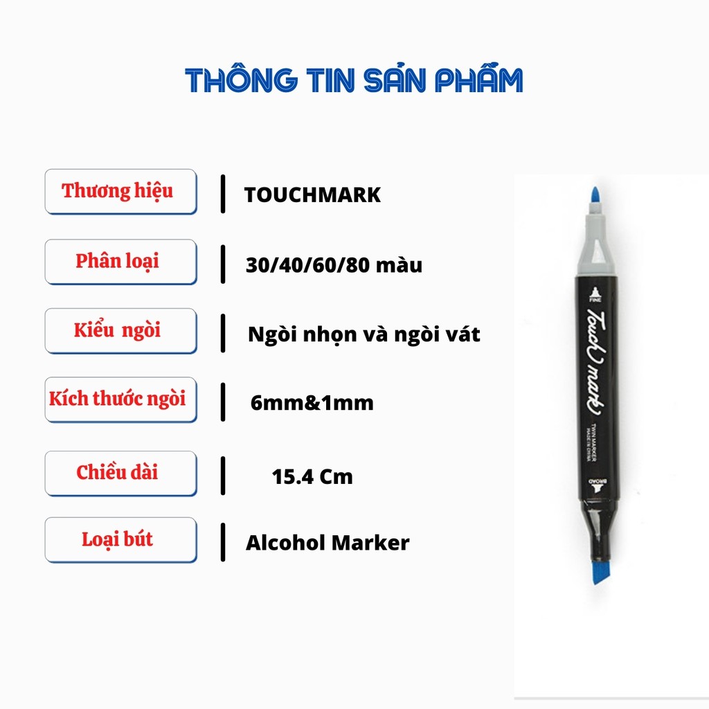 Bút Marker TOUCH MARK Bộ Bút Màu Marker Túi Vải Bộ 30/40/60/80  Dùng Để Tô Màu, Vẽ Anime, Highlight, Take Note