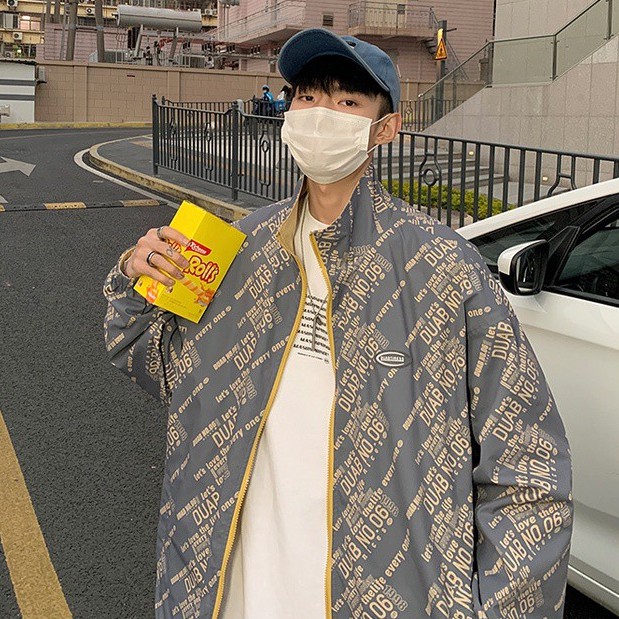 Áo khoác cổ đứng dáng rộng in họa tiết mặc được hai mặt phong cách đại học kiểu Hàn hợp thời trang dành cho nam