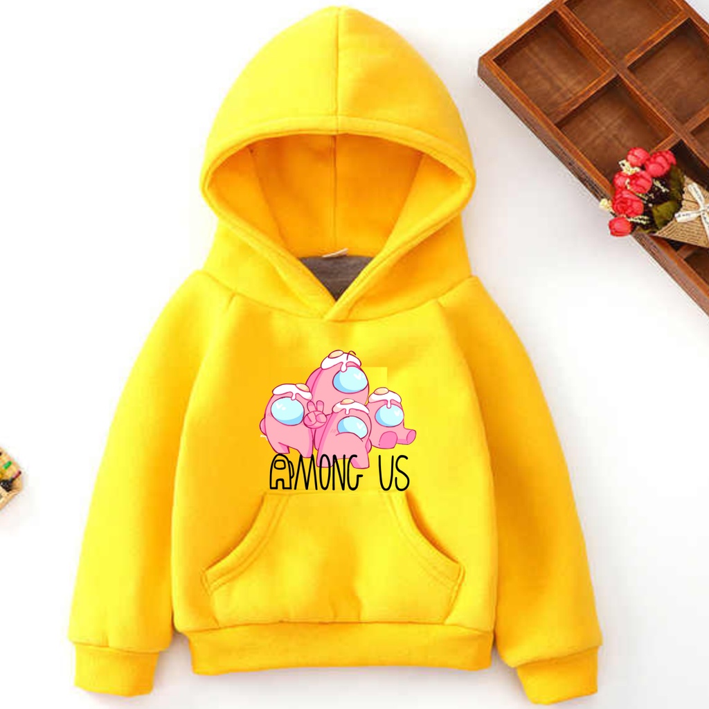 Áo hoodie nỉ màu vàng in hình Among us cho bé trai bé gái