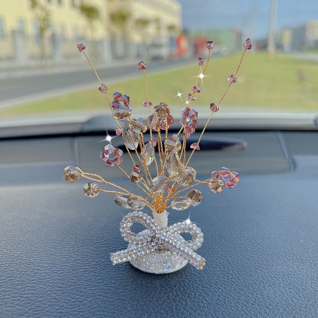 Lọ hoa thủy tinh đính đá nơ decor taplo xe ô tô - Phụ kiện decor taplo xe hơi