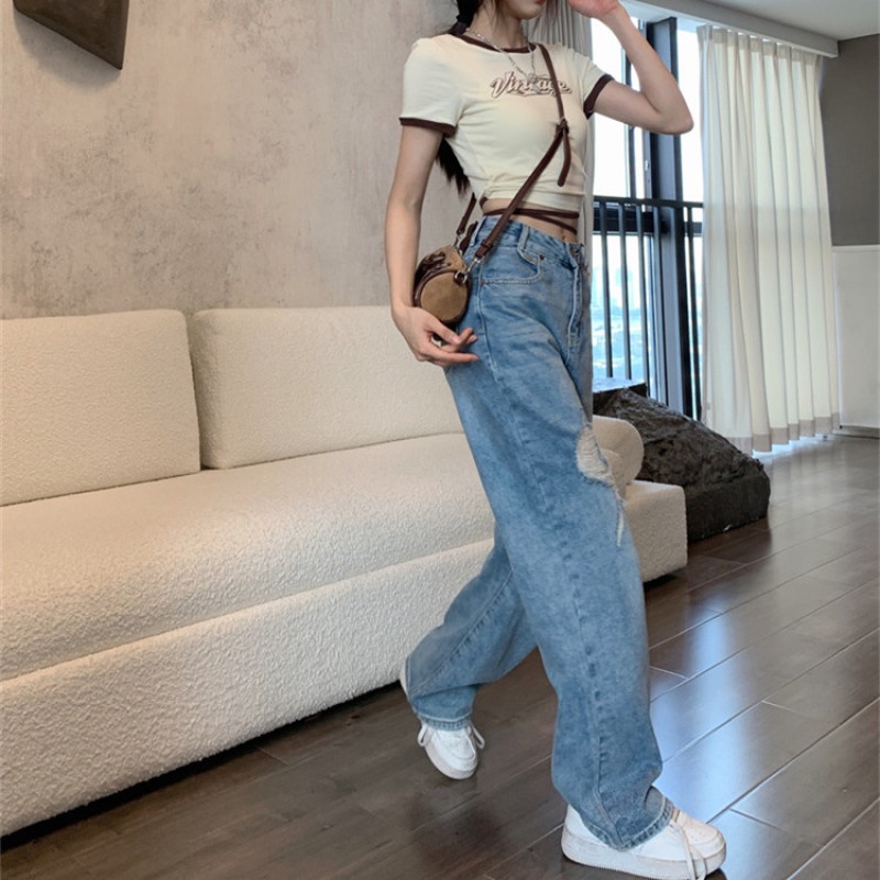 Quần Jean Nữ Lưng Cao Ống Đứng Rách Gối Thời Trang