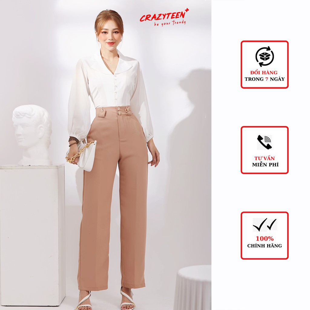 Quần ống suông nữ CRAZYTEEN phối nút sang trọng Q0002 | BigBuy360 - bigbuy360.vn