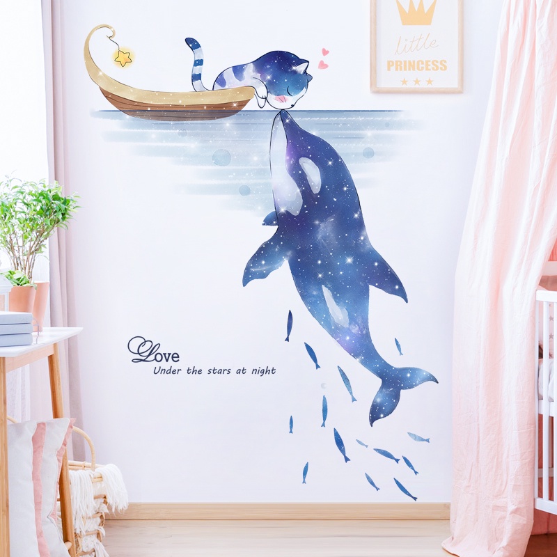 Giấy Dán Tường Trang Trí Phòng Ngủ Hình Mèo/Cá Heo/Cá Heo 3d Đổi Màu Ấm Áp