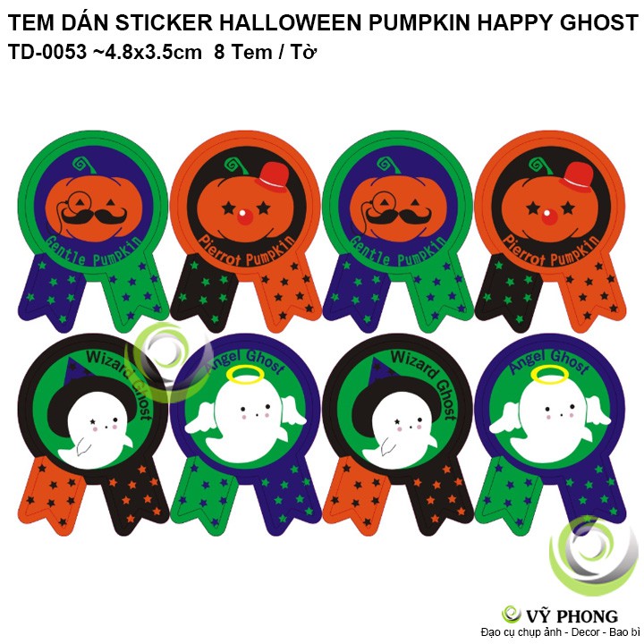 TEM DÁN STICKER NHÃN DÁN HALLOWEEN SINH NHẬT BÉ BÍ ĐỎ VÀ MA VUI VẺ TRANG TRÍ NIÊM PHONG BAO BÌ HỘP QUÀ BÁNH KẸO TD-0053