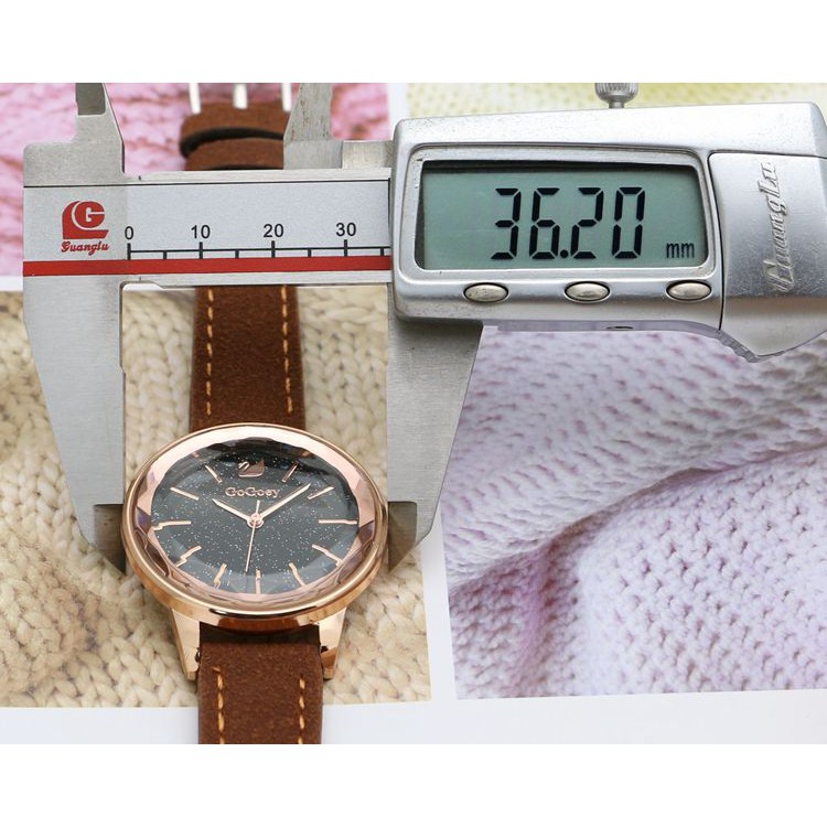 Đồng hồ nữ Gogoey Korea G12 dây da lộn viền kim cương 3D mặt kim tuyến + Tặng kèm hộp và Pin dự phòngM458