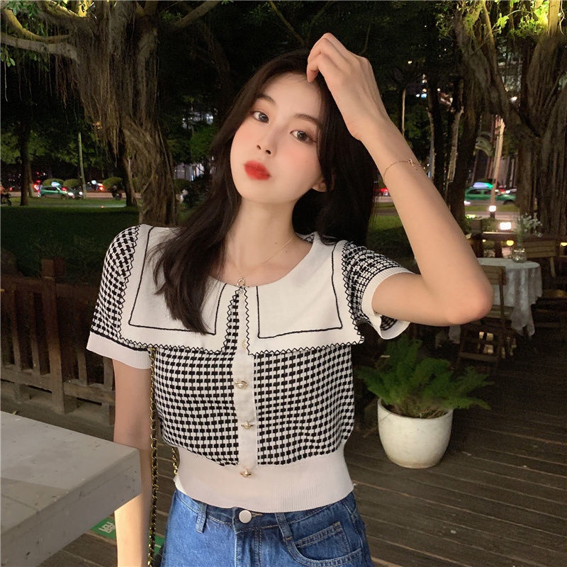Áo dệt kim tay ngắn cổ búp bê thời trang mùa hè mới 2021 cho nữ