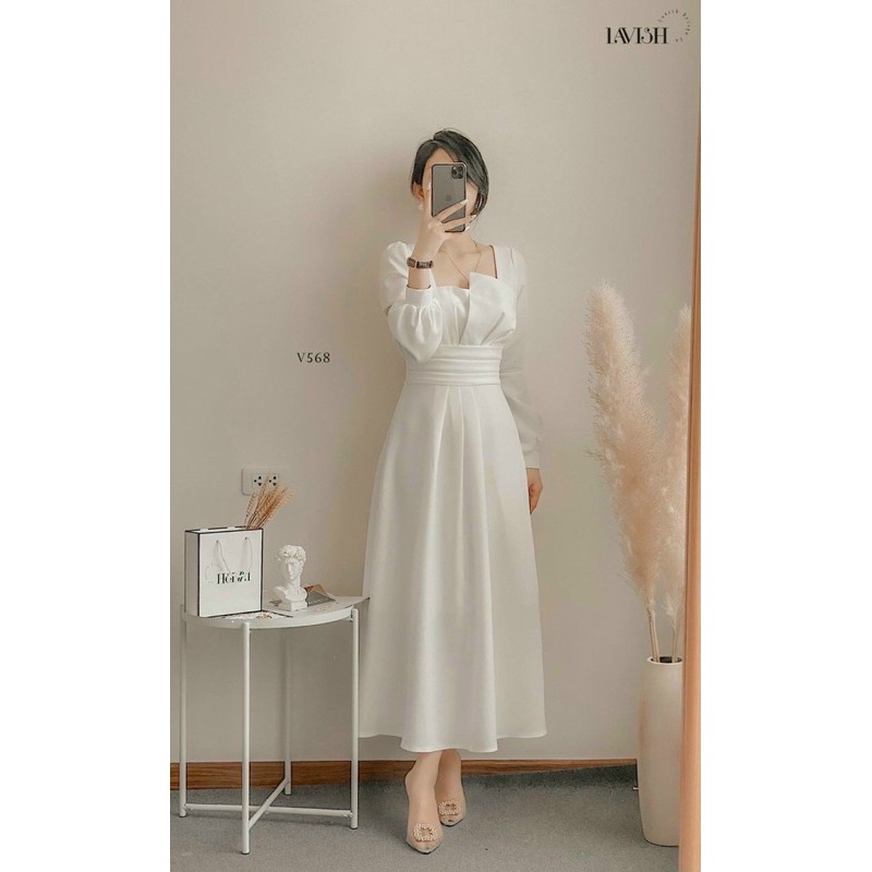 Váy đầm Vintage dự tiệc sang trọng dáng maxi ngực xẻ tay dài chất cotton Nhật đẹp V0034 màu trắng đỏ DENI DRESS