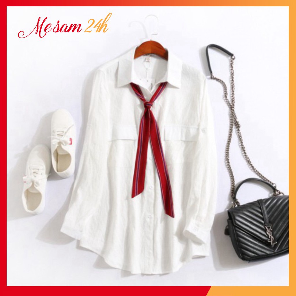 Áo sơ mi nữ dài tay form rộng, sơ mi đũi Mẹ Sam 24h, chất liệu mềm mát, size từ 40 đến 85kg SMH.47